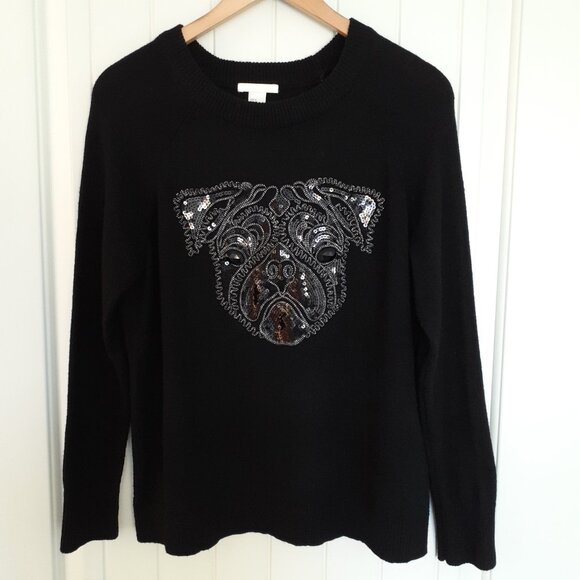 H&M Pug Sequin Alpaca Blend Black Crew Neck Black Sweater Size M - Picture 10 of 10